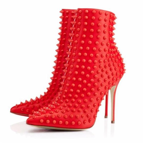

boots extreme high heel short booties red ankle for women 2021 pointed toe thin heels rivets studded ladies shoes plus size 45, Black