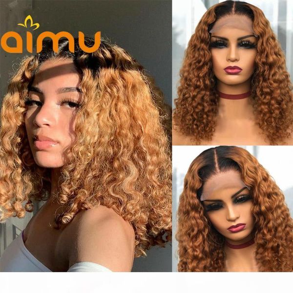 

ombre colored lace front human hair wigs honey blonde curly brazilian short bob wig preplucked for women 4x4 lace closure nature, Black;brown