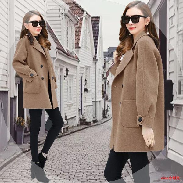 

2021 women autumn winter elegant wool outwear lady pocket oversize double breasted jacket female casual solid mid-long coat f271, Black
