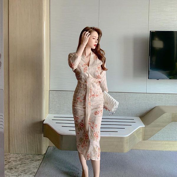 

2020 high end women dresses autumn vintage three-quarter sleeve v neck office ladies party bodycon print chiffon dress vestidos1, Black;gray