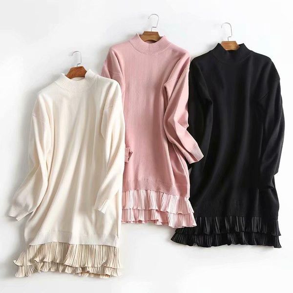 

2020 autumn and winter over-the-knee ruffled thick stitching knitted mid-length casual dress, Black;gray