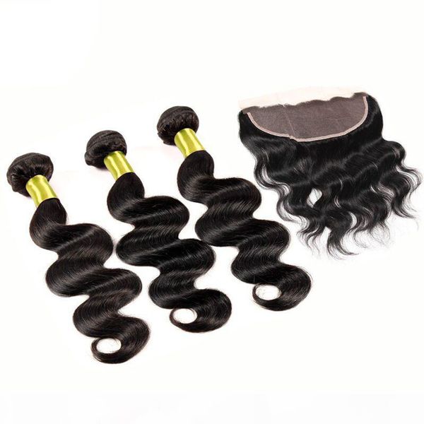 

7a grade brazilian body wave with lace frontal 13*4 3 bundles virgin hair with closure human hair bundles with closure in stock, Black