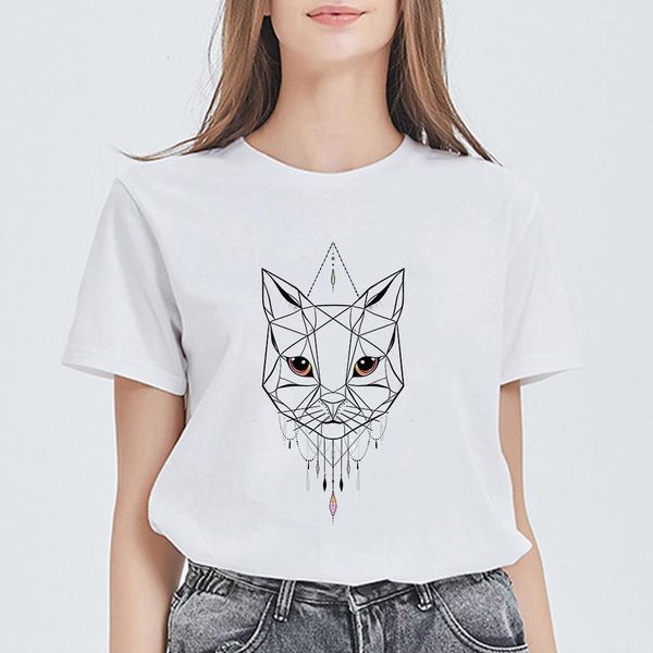 

fashion cool summer t-shirt graphic geometric cat t shirts women kawaii fashion tshirt aesthetic beautiful ropa mujer, White