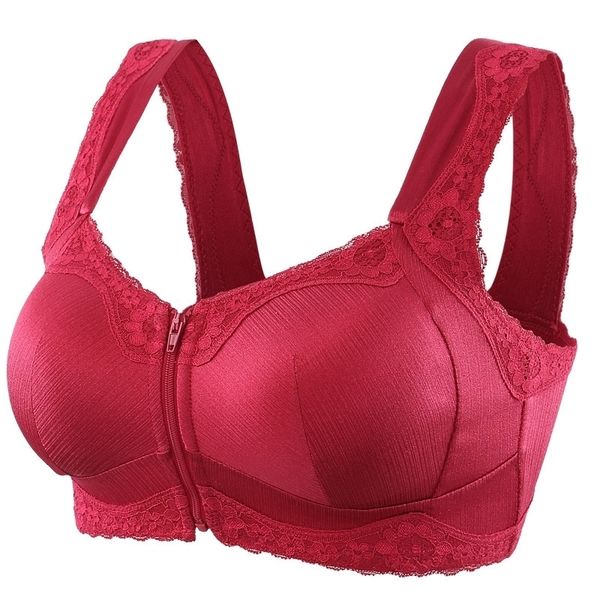 

women wide strap bra push up front closure zipper brassiere floral lace bralette non padded lingerie red 40 42 b c cup underwear y200415, Red;black