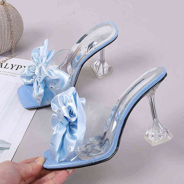 Pantofole New Fashion Crystal Bow Tacchi alti Scarpe Donna Sexy Pvc Trasparente Sandali Donna Slides Open Toe Décolleté Blu Nero 220308