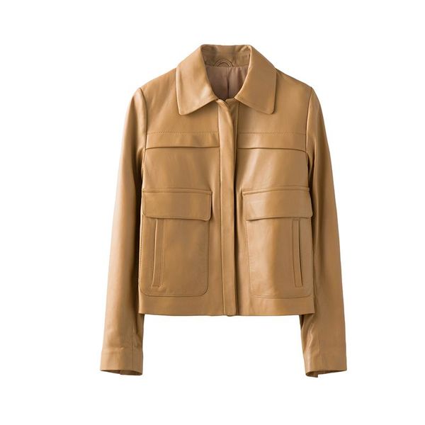 

women's leather & faux 2021, jacket, 100%, sheepskin, short, female, genuine leather, jackets, veste femme o1908, Black