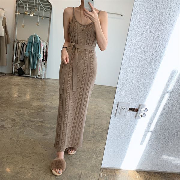

2021 new korean 2 female ensemble chic autumn pattern long cardigan sling dress elegant ladies'suits mesh two sets tpnn, Gray
