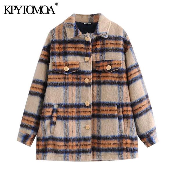 

kpytomoa women 2021 fashion with metal button oversized check jacket coat vintage long sleeve pockets female outerwear chic, Black;brown