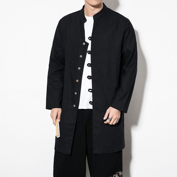 

men's casual shirts chinese style 2021 cotton linen loose men shirt long sleeve fashion section trend tang suit hanfu, White;black