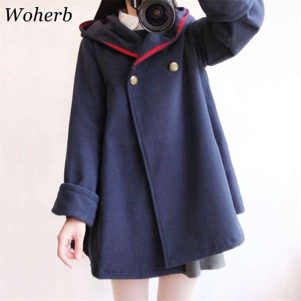 

woherb japanese harajuku winter coat women thick loose hooded cloak outwear wool coats ladies cape femme 20408 201214, Black