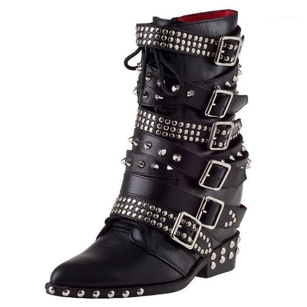

western black ankle boots for women med thick platform punk studded boots leather bottine femme motorcycle woman shoes1