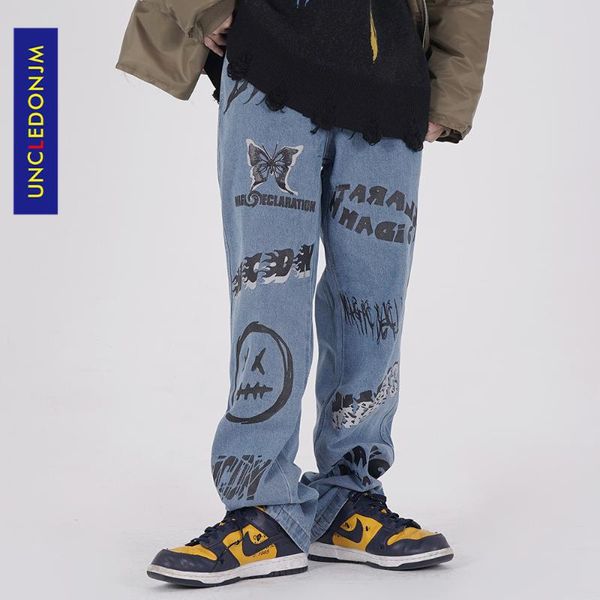

men's jeans uncledonjm 2021ss graffiti smile denim fashion straight pants harajuku hip hop streetwear men baggy women y810, Blue