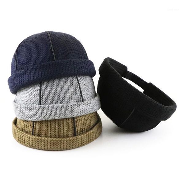 

cycling caps & masks autumn winter men women knitted hat warm beanie skullcap sailor cap cuff brimless retro navy style *1, Black