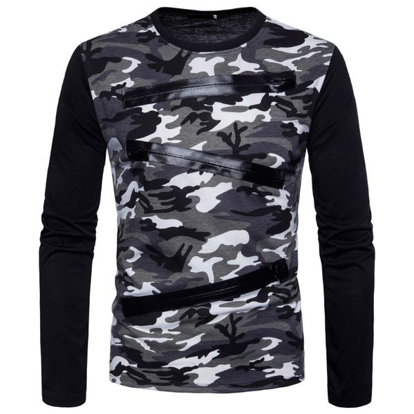 Frühling Military Camouflage T-shirt Männer Neue Design Patchwork Dekoration Langarm T-shirt Männliche Armee Grün Grau