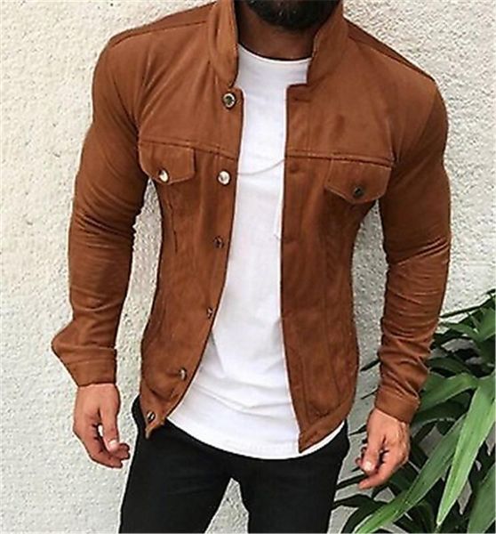 

men's jackets 2021 men faux suede slim multi-button work tool pocket jacket male winter long sleeve turn-down collar casual overcoat pl, Black;brown