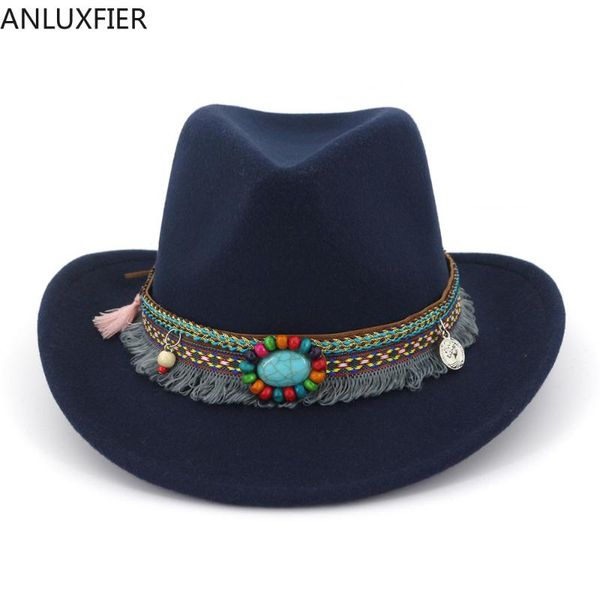 

wide brim hats h7551 autumn winter wool felt fedoras hat male female couple woolen cap women men ribbon tassel banquet party casual caps, Blue;gray