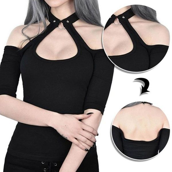 

women's solid color strapless halter neck deep round short sleeve basement women sport bra fitness shirt top, White;black