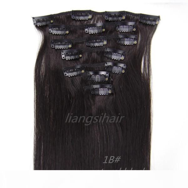 

clip in remy human hair extensions 15"-26" 7pcs 1# jet black, brazilian malaysian peruvian indian virgin remy human hair bundles, Black;brown