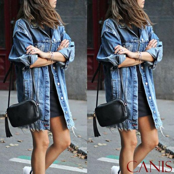 

2019 basic long jeans coats women slim ripped denim jacket femme elegant vintage frayed jackets outwear casacos feminino, Tan;black