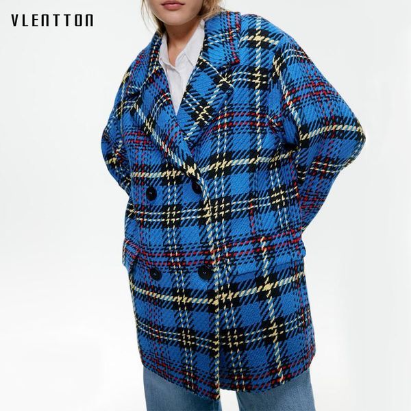 

autumn winter vintage plaid wool tweed long blazer woman pockets suit coat female outwear office lady jackets blazers feminino1, White;black