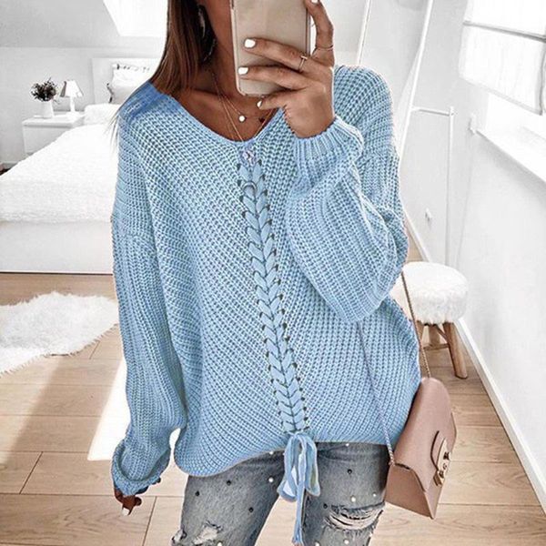 

women's sweaters lace up knitted sweater women jumper v-neck casual autumn winter 2021 pullover ladies pull femme, White;black