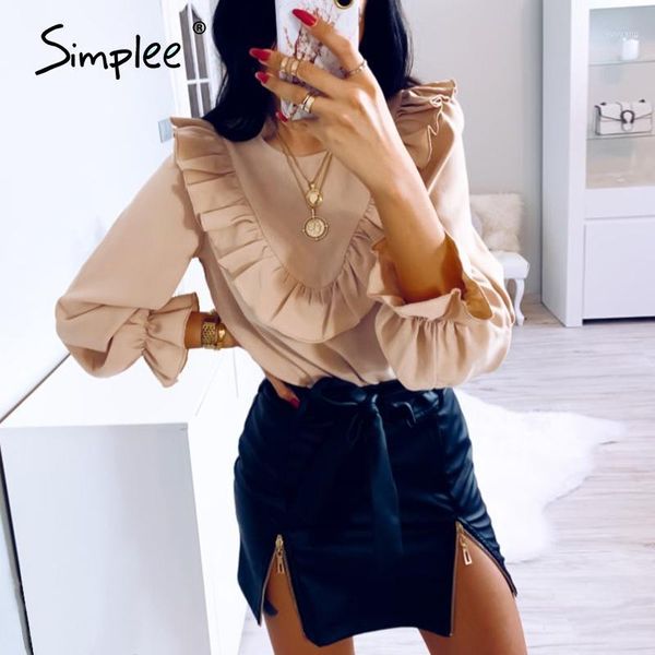 

simplee elegant ruffled o-neck women blouse shirt autumn puff sleeve solid female blouse casual streetwear ladies shirt1, White