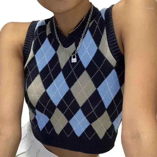 

new vintage sweater vest women y2k argyle sweater sleeveless plaid knitted crops sweaters autumn sweaters for women1, White