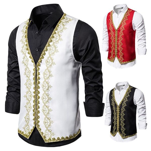 

men's european gold inlaid dress court dress studio black and white opera stage performance vest mj34 men vests print, Black;white