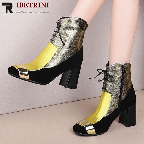 

boots ribetrini brand square high heels shoelaces patchwork genuine leather office lady ankle boot stylish winter shoes women1, Black