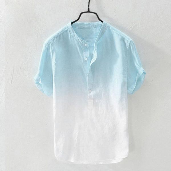 

men linen short sleeve shirt summer loose baggy casual holiday shirts breathable collar hanging dyed gradient men shirt camisa, White;black