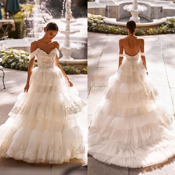

boho spaghetti strap a-line wedding dresses backless lace applique bridal gowns tiered tulle custom made vestidos de novia, White