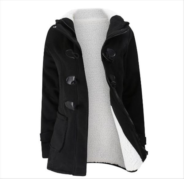

jacket womens 2020 autumn winter horn buckle coat mid long hooded woolen jacket ladies wool blend overcoat s 6xl, Black;brown