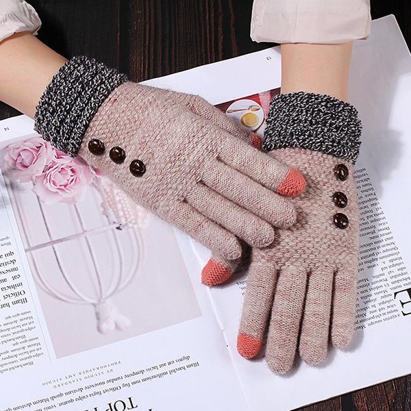 

stretch winter touch screen gloves warm women men knit mittens imitation wool full finger botton female crochet luvas th