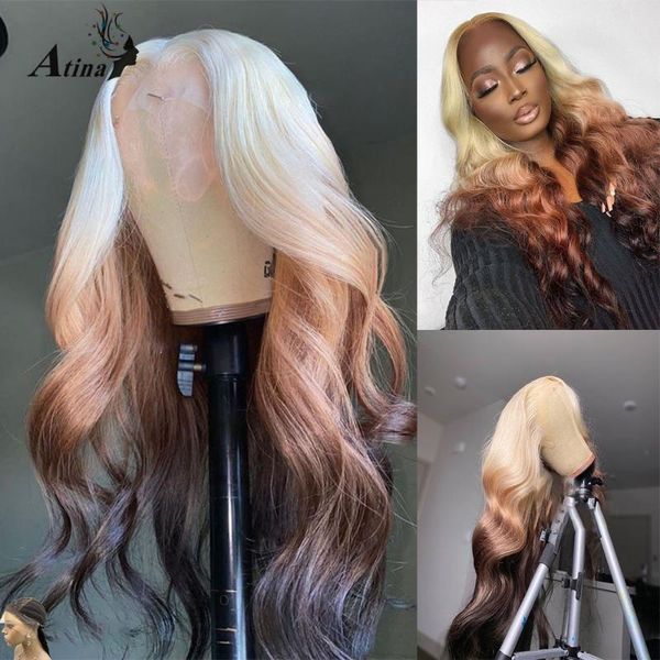 

ombre body wave glueless lace wig for black women pre plucked 613 hd transparent perruque remy frontal human hair wig closure, Black;brown