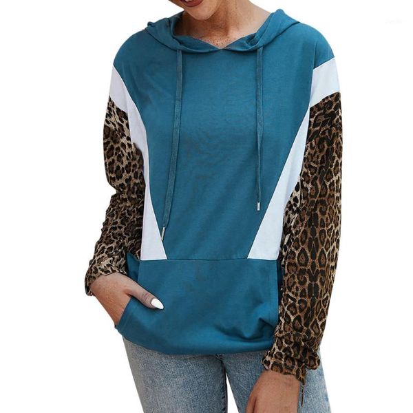 

casual long sleeve leopard pocket hoodies ladies womens hooded patchwork sweatershirt drawstring hoody mikina s kapucí1, Black