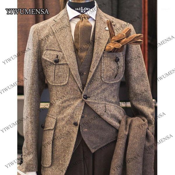 

tweed men's safari suits herringbone hunting business tuxedos notch lapel custom made formal blazer wedding mens dinner party1, White;black