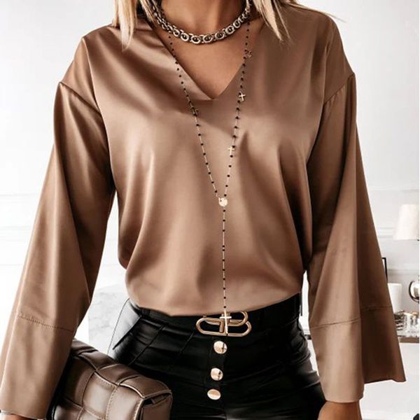 

2021 new autumn women's satin silk shirt v-neck office lady blouses winter solid color long sleeve pullover loose blouse f9ch, White