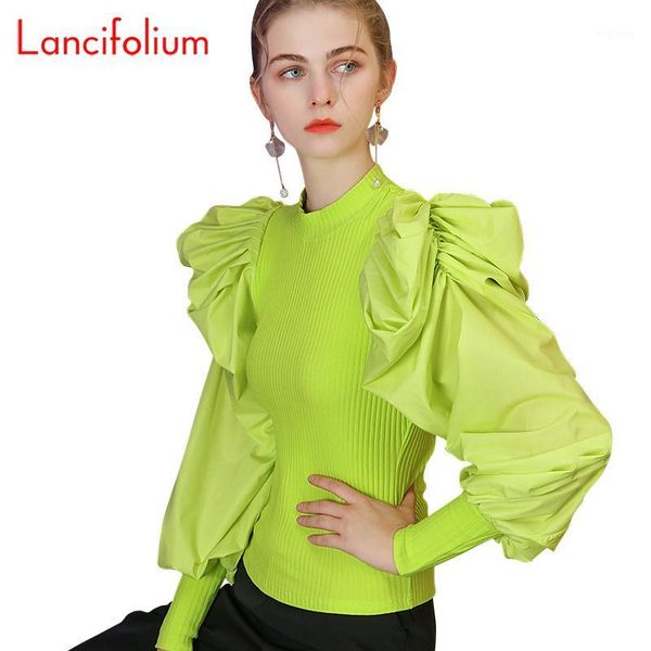 

green puff sleeve knit shirt pullover women 2020 spring autumn streetwear turtleneck sweater ladies knitted jumper femme1, White;black