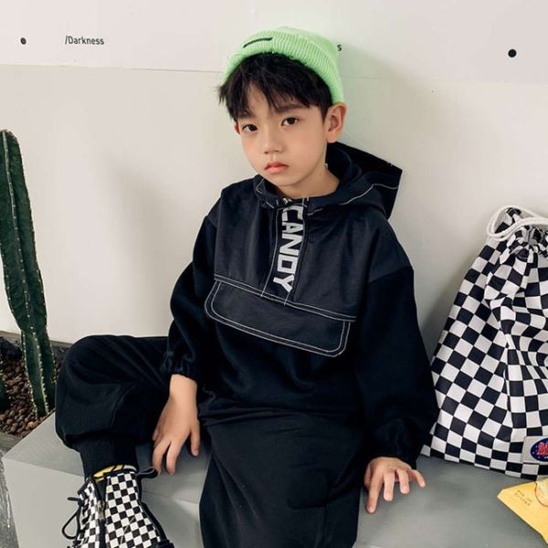 

zipper sweater new hooded boys' shirt plush thickened long sve casual spring and autumn winter children's wear, Black