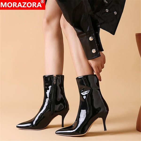 

boots morazora 2021 fashion women ankle solid colors pointed toe stiletto high heels shoes simple autumn short woman, Black