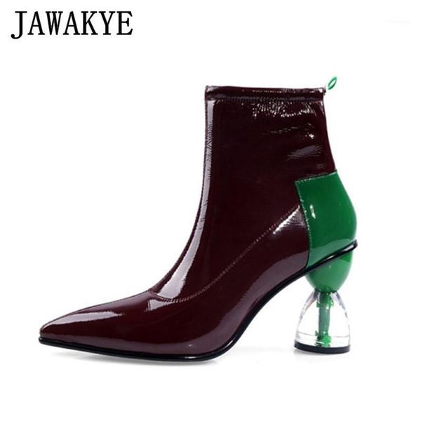 

boots autumn patchwork leather women transparent clear cup high heels short ankle zapatos mujer 2021 botas1, Black