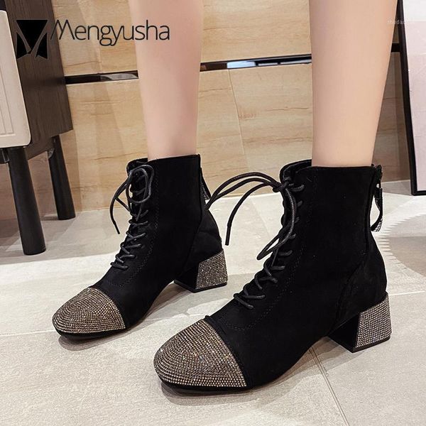 

boots square toe crystal riding bottes femme flock lace-up botas rhinestones chunky high heels booties short winter women shoes1, Black