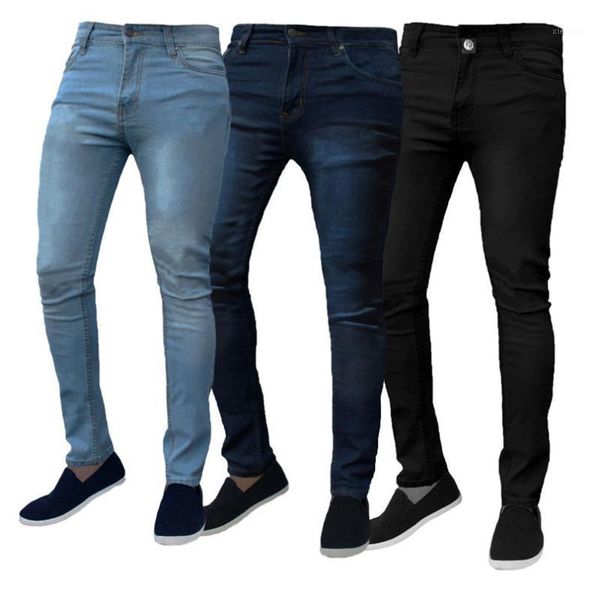 

2021 new men's pure color denim cotton vintage wash hip hop work trousers jeans pants distressed jeans men skinny jeansy #3a091, Blue