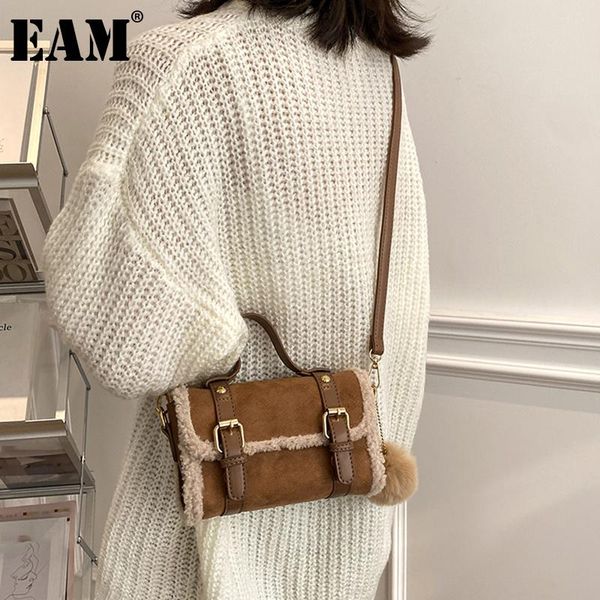 

[eam] women new coffee matte spliced fleece edge small personality all-match crossbody shoulder bag fashion tide 2020 18a0010
