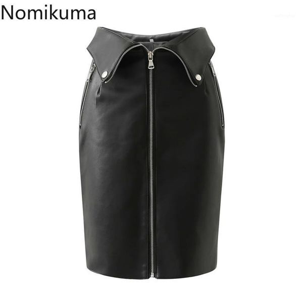 

nomikuma high waist fold pu leather skirt korean elegant zipper slim knee skirts 2020 autumn winter women falda mujer moda 6b9131, Black