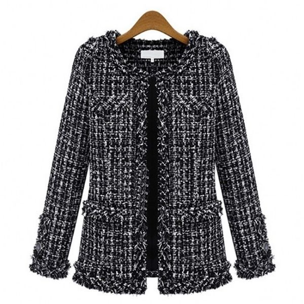 Outono inverno preto xadrez branco solto curto casaco mulheres vintage o pescoço manga longa borla tweed casaco mais tamanho senhoras casaco casaco 201216