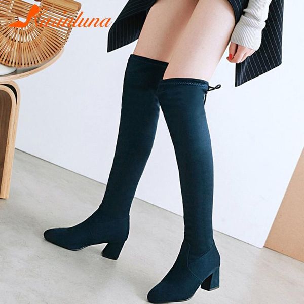 

boots plus size 33-43 leisure shoes women 2021 arrivals slip-on lace-up flock stretch over-the-knee autumn winter female booties, Black