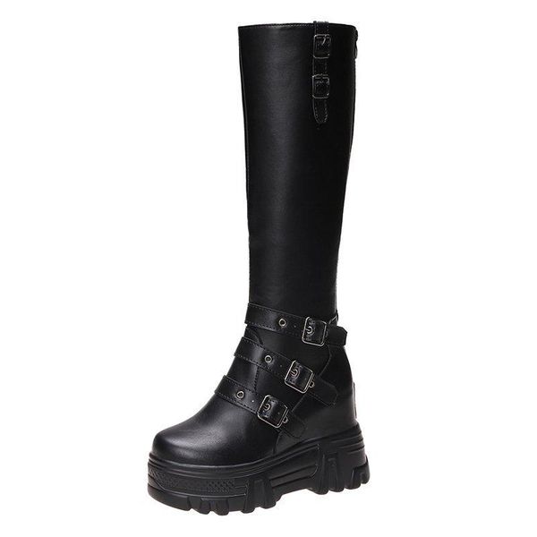 

rimocy autumn winter knee high boots women chunky platform pu leather booties ladies thick bottom height increasing long botas, Black