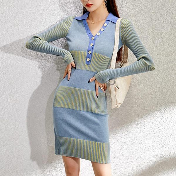 

korean fashion patchwork v-neck single-breasted formal women's knitted dress high waist 2020 office lady winter dresses, Black;gray