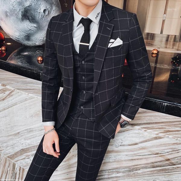 

men's suits & blazers plaid suit men three-piece set black gray dark blue men's business banquet size s-4xl mens jacket + pants ve, White;black